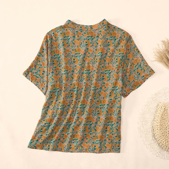 Buddha Stones Sommerliches Damen-Baumwollhemd mit Froschknopfleiste, Stehkragen, kurzen Ärmeln und Blumenmuster - image 3