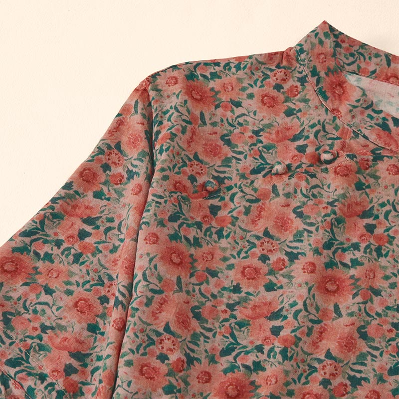 Buddha Stones Sommerliches Damen-Baumwollhemd mit Froschknopfleiste, Stehkragen, kurzen Ärmeln und Blumenmuster - image 10