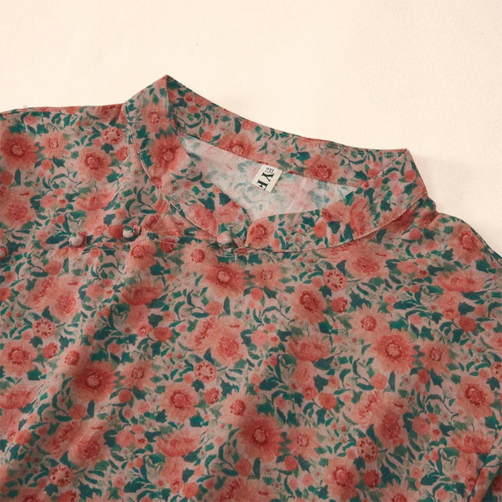 Buddha Stones Sommerliches Damen-Baumwollhemd mit Froschknopfleiste, Stehkragen, kurzen Ärmeln und Blumenmuster - image 7