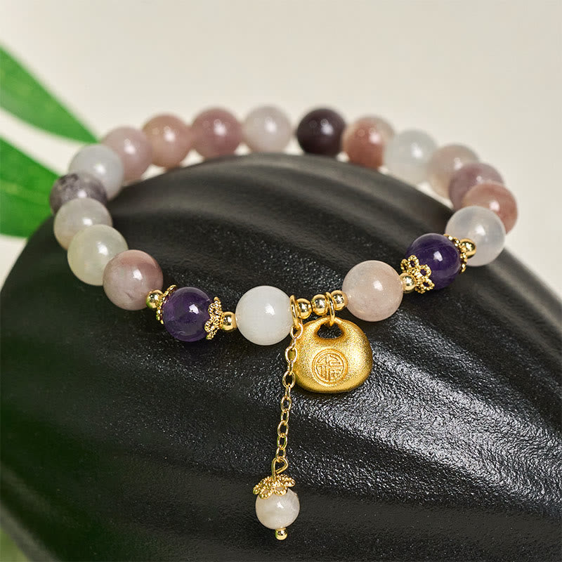 Buddha Stones Armband aus goldener Seide und Jade mit Fu-Figur (Hase) zum Schutz vor bösen Geistern - image 1