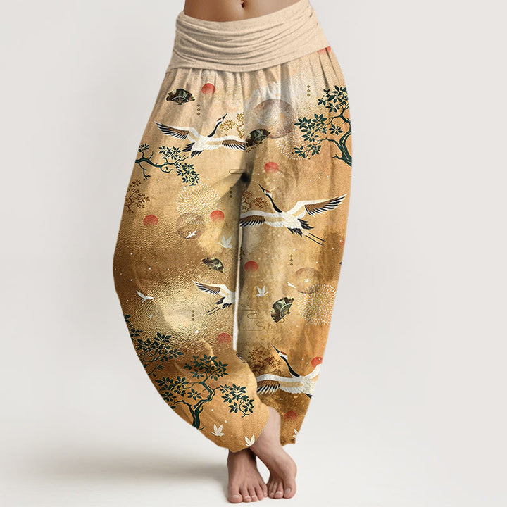 Buddha Stones Baumwoll-Haremshose mit traditionellem Kranich-, Kiefern-, Vogel-, Fächer- und Sonnenmuster, elastischem Bund für Damen - Goldrute - US16, UK/AU20, EU48 (3XL) - image 0