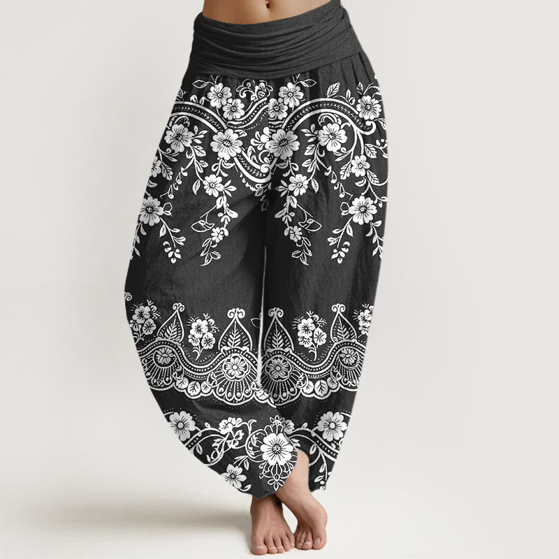 Buddha Stones Baumwoll-Haremshose mit traditionellem Blumen-, Ranken- und Blattmuster, elastischer Bund, Damen - Schwarz - US16, UK/AU20, EU48 (3XL) - image 0