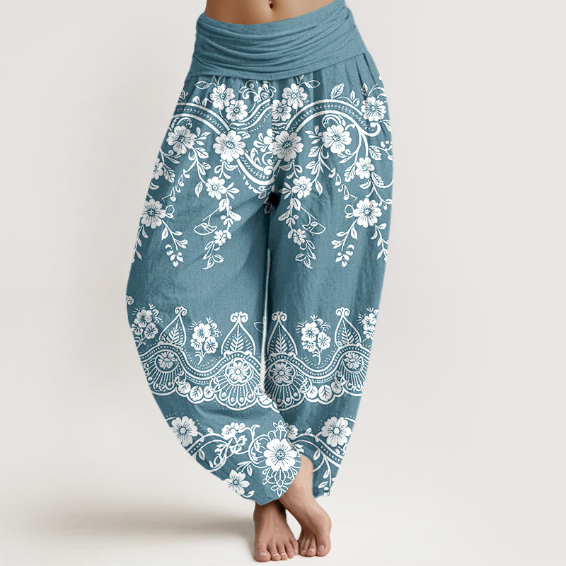 Buddha Stones Baumwoll-Haremshose mit traditionellem Blumen-, Ranken- und Blattmuster, elastischer Bund, Damen - Himmelblau - US16, UK/AU20, EU48 (3XL) - image 8