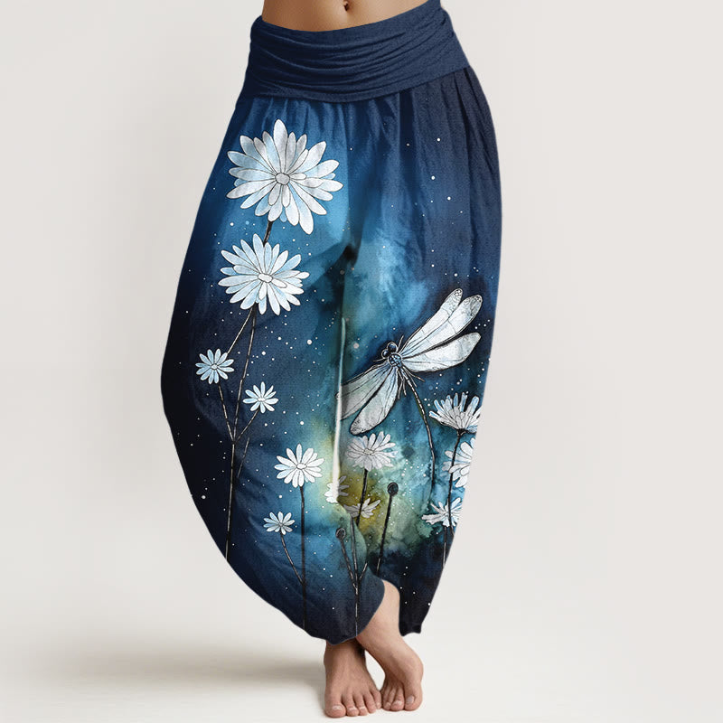 Buddha Stones Baumwoll-Haremshose mit traumhaftem Gänseblümchen- und Libellenmuster, elastischer Bund, Damen - Dunkelblau - US16, UK/AU20, EU48 (3XL) - image 0