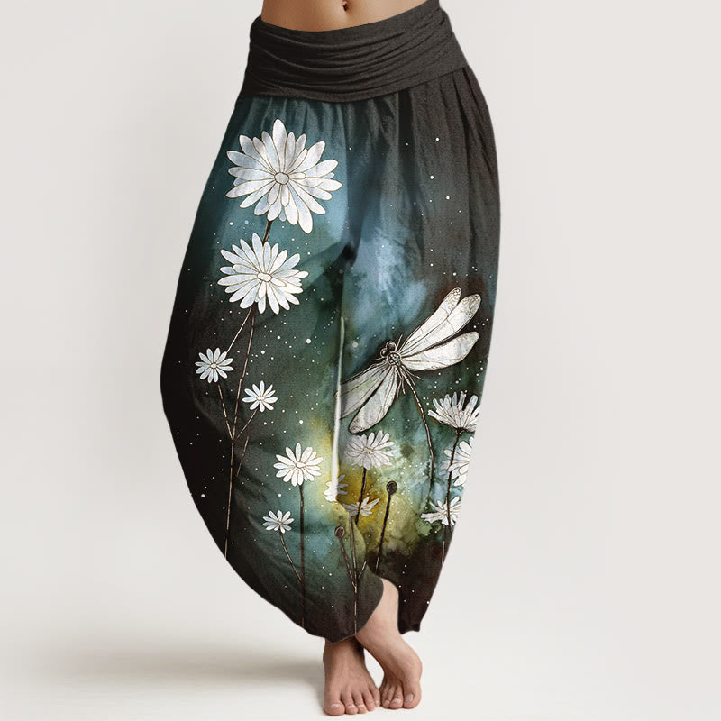 Buddha Stones Baumwoll-Haremshose mit traumhaftem Gänseblümchen- und Libellenmuster, elastischer Bund, Damen - Schwarz - US16, UK/AU20, EU48 (3XL) - image 5
