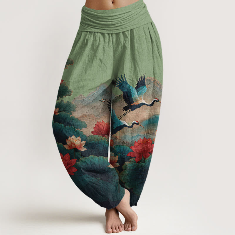 Buddha Stones Klassisches Baumwoll-Haremshosen-Muster mit Lotusblumen, Blättern, Kranichen und Bergen, elastischer Bund für Damen - Mittelseegrün - US16, UK/AU20, EU48 (3XL) - image 0