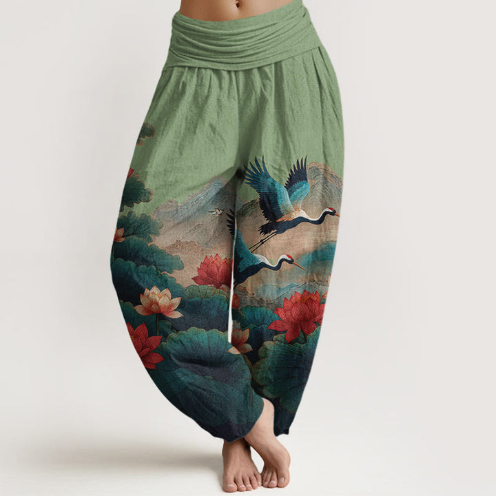 Buddha Stones Klassisches Baumwoll-Haremshosen-Muster mit Lotusblumen, Blättern, Kranichen und Bergen, elastischer Bund für Damen - Mittelseegrün - US16, UK/AU20, EU48 (3XL) - image 0