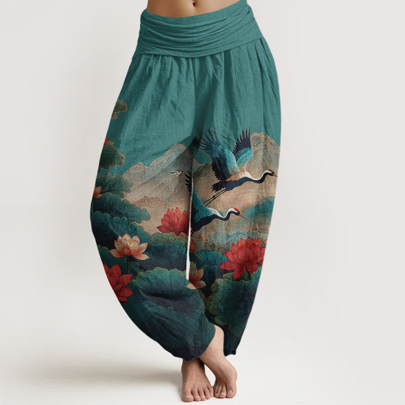 Buddha Stones Klassisches Baumwoll-Haremshosen-Muster mit Lotusblumen, Blättern, Kranichen und Bergen, elastischer Bund für Damen - Türkis - US16, UK/AU20, EU48 (3XL) - image 5