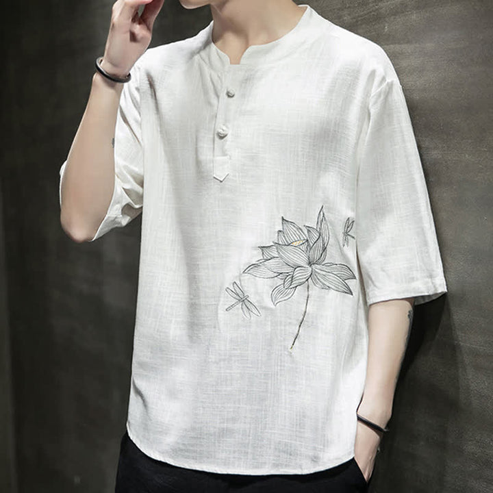 Buddha Stones Sommerliches Kurzarm-T-Shirt für Herren mit besticktem Lotus-Libellenmuster und chinesischen Froschknöpfen - image 14