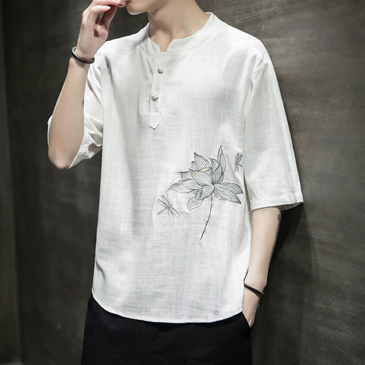 Buddha Stones Sommerliches Kurzarm-T-Shirt für Herren mit besticktem Lotus-Libellenmuster und chinesischen Froschknöpfen - image 15