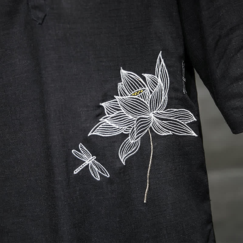 Buddha Stones Sommerliches Kurzarm-T-Shirt für Herren mit besticktem Lotus-Libellenmuster und chinesischen Froschknöpfen - image 8