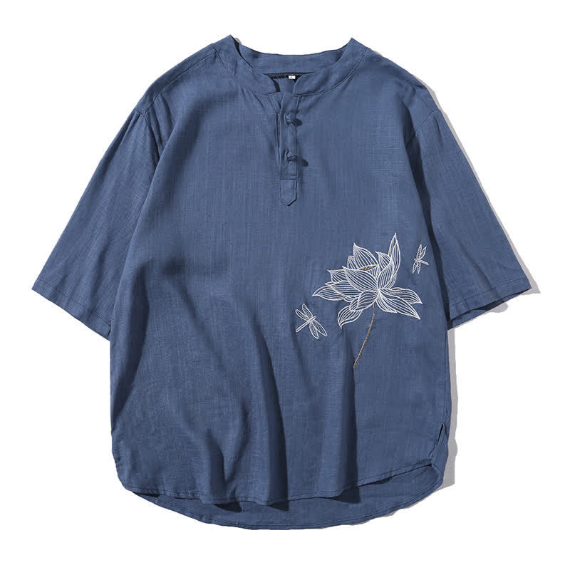 Buddha Stones Sommerliches Kurzarm-T-Shirt für Herren mit besticktem Lotus-Libellenmuster und chinesischen Froschknöpfen - image 26