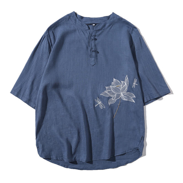 Buddha Stones Sommerliches Kurzarm-T-Shirt für Herren mit besticktem Lotus-Libellenmuster und chinesischen Froschknöpfen - image 26