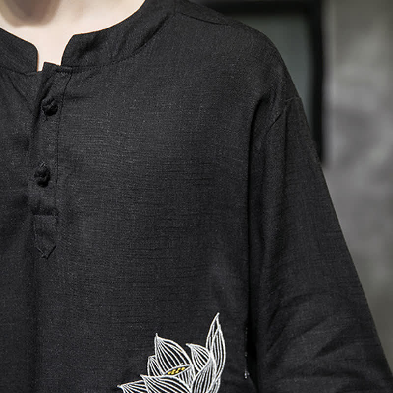 Buddha Stones Sommerliches Kurzarm-T-Shirt für Herren mit besticktem Lotus-Libellenmuster und chinesischen Froschknöpfen - image 7