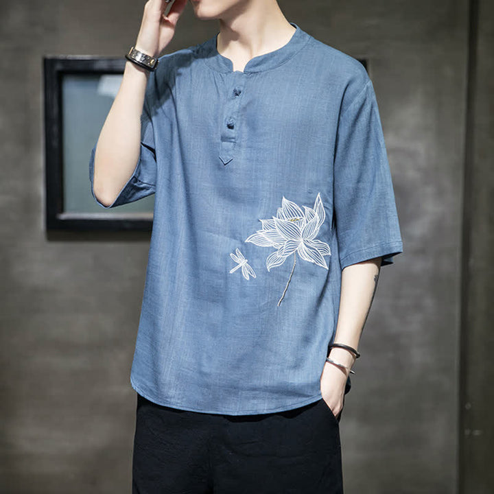Buddha Stones Sommerliches Kurzarm-T-Shirt für Herren mit besticktem Lotus-Libellenmuster und chinesischen Froschknöpfen - Kornblumenblau - US/ UK/AU46, EU56 (5XL) - image 18
