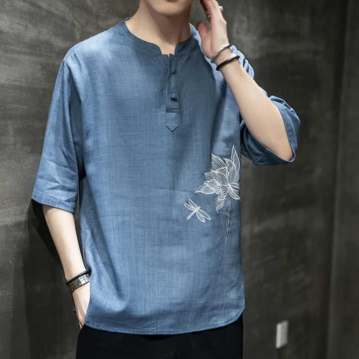 Buddha Stones Sommerliches Kurzarm-T-Shirt für Herren mit besticktem Lotus-Libellenmuster und chinesischen Froschknöpfen - image 24