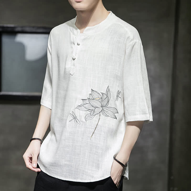 Buddha Stones Sommerliches Kurzarm-T-Shirt für Herren mit besticktem Lotus-Libellenmuster und chinesischen Froschknöpfen - image 11