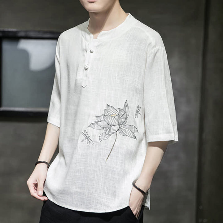 Buddha Stones Sommerliches Kurzarm-T-Shirt für Herren mit besticktem Lotus-Libellenmuster und chinesischen Froschknöpfen - image 11