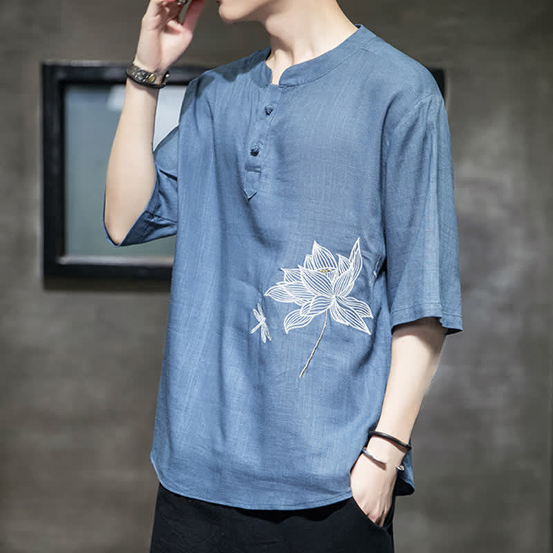 Buddha Stones Sommerliches Kurzarm-T-Shirt für Herren mit besticktem Lotus-Libellenmuster und chinesischen Froschknöpfen - image 19