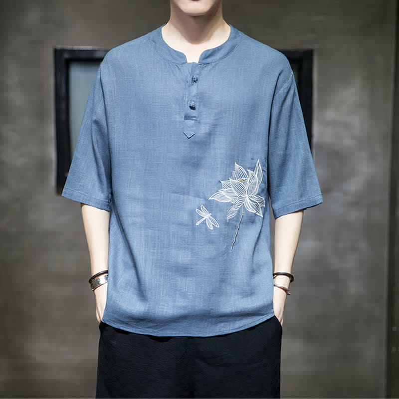 Buddha Stones Sommerliches Kurzarm-T-Shirt für Herren mit besticktem Lotus-Libellenmuster und chinesischen Froschknöpfen - image 21