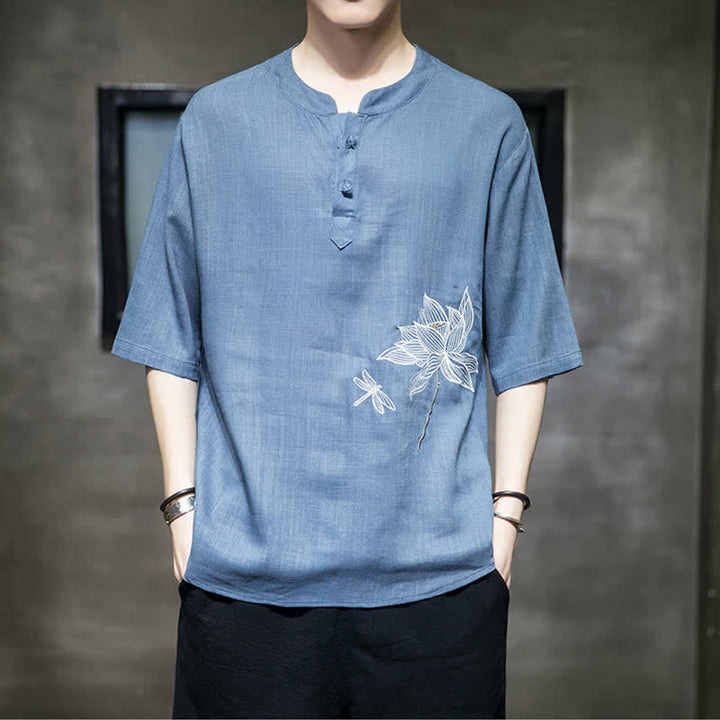 Buddha Stones Sommerliches Kurzarm-T-Shirt für Herren mit besticktem Lotus-Libellenmuster und chinesischen Froschknöpfen - image 21