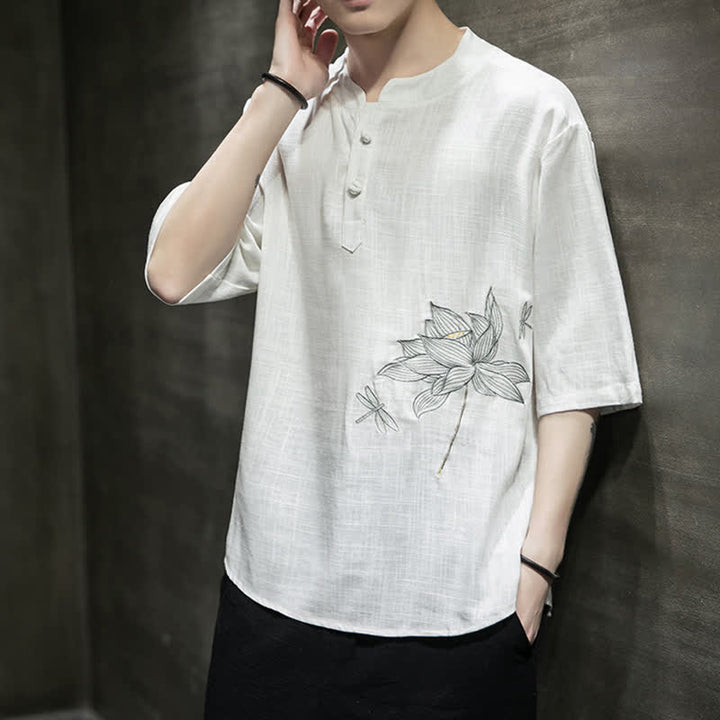 Buddha Stones Sommerliches Kurzarm-T-Shirt für Herren mit besticktem Lotus-Libellenmuster und chinesischen Froschknöpfen - image 16