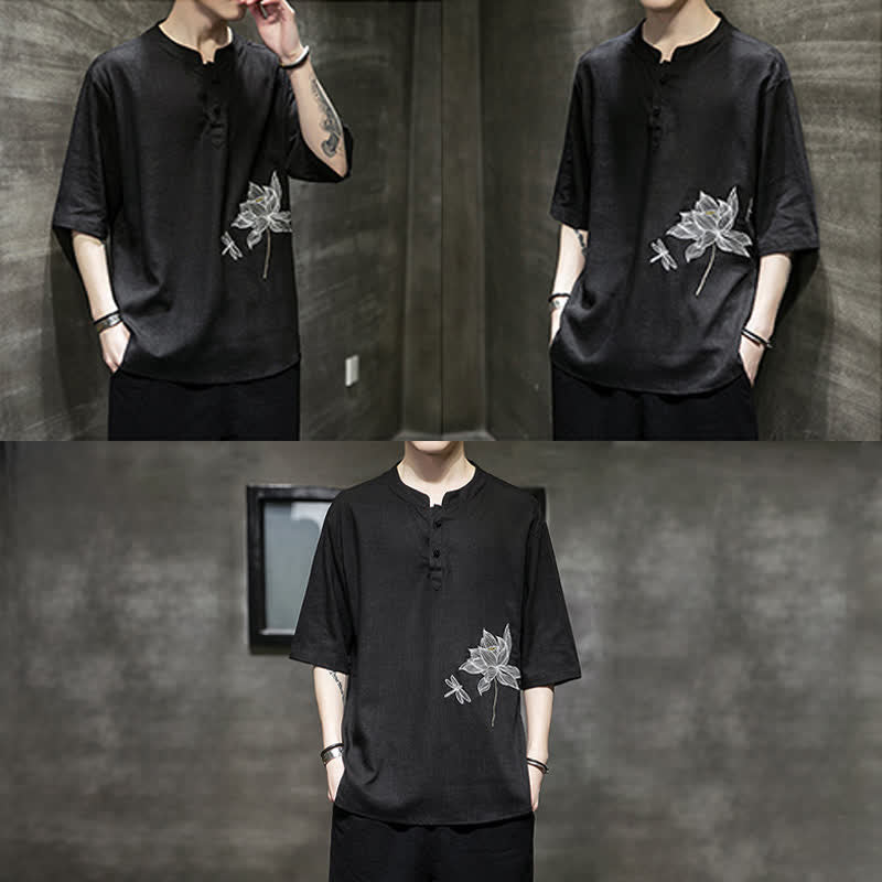 Buddha Stones Sommerliches Kurzarm-T-Shirt für Herren mit besticktem Lotus-Libellenmuster und chinesischen Froschknöpfen - image 9