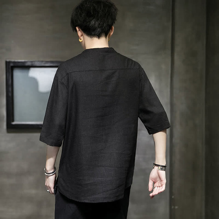 Buddha Stones Sommerliches Kurzarm-T-Shirt für Herren mit besticktem Lotus-Libellenmuster und chinesischen Froschknöpfen - image 2