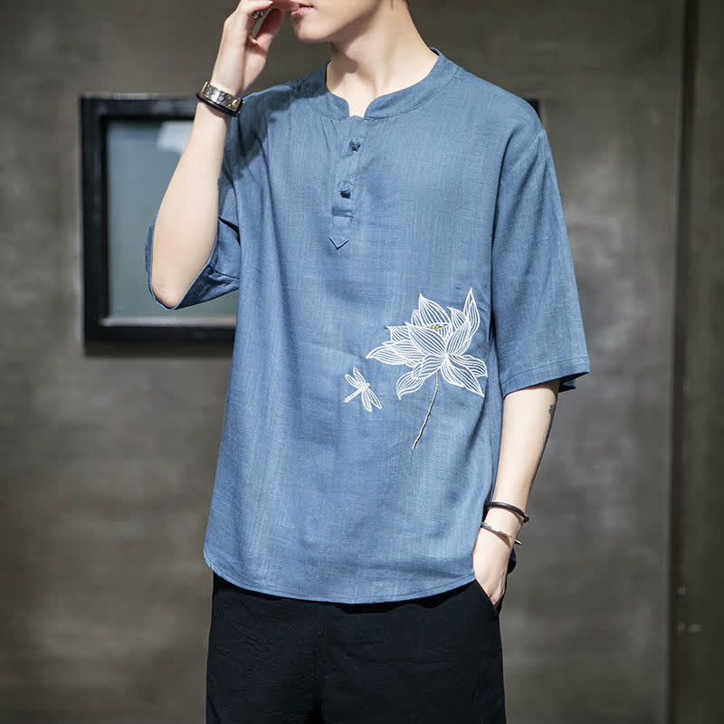 Buddha Stones Sommerliches Kurzarm-T-Shirt für Herren mit besticktem Lotus-Libellenmuster und chinesischen Froschknöpfen - image 20