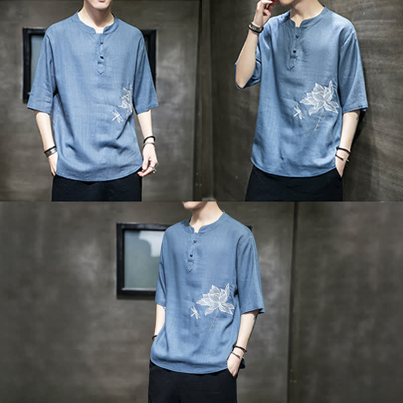 Buddha Stones Sommerliches Kurzarm-T-Shirt für Herren mit besticktem Lotus-Libellenmuster und chinesischen Froschknöpfen - image 25