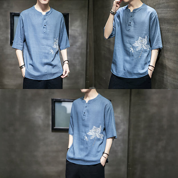 Buddha Stones Sommerliches Kurzarm-T-Shirt für Herren mit besticktem Lotus-Libellenmuster und chinesischen Froschknöpfen - image 25