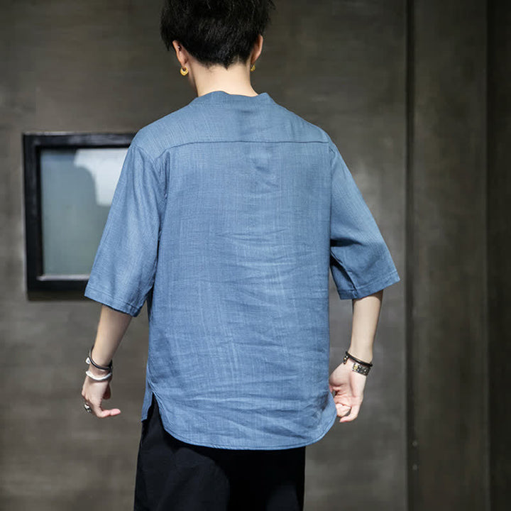 Buddha Stones Sommerliches Kurzarm-T-Shirt für Herren mit besticktem Lotus-Libellenmuster und chinesischen Froschknöpfen - image 22