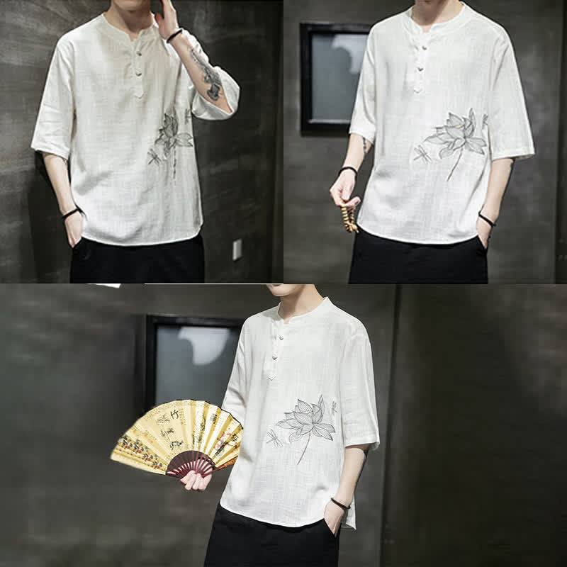 Buddha Stones Sommerliches Kurzarm-T-Shirt für Herren mit besticktem Lotus-Libellenmuster und chinesischen Froschknöpfen - image 17
