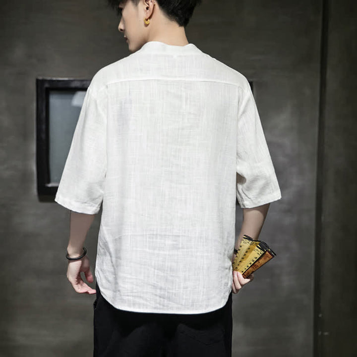 Buddha Stones Sommerliches Kurzarm-T-Shirt für Herren mit besticktem Lotus-Libellenmuster und chinesischen Froschknöpfen - image 13