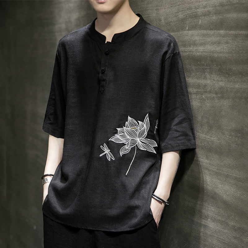 Buddha Stones Sommerliches Kurzarm-T-Shirt für Herren mit besticktem Lotus-Libellenmuster und chinesischen Froschknöpfen - image 5