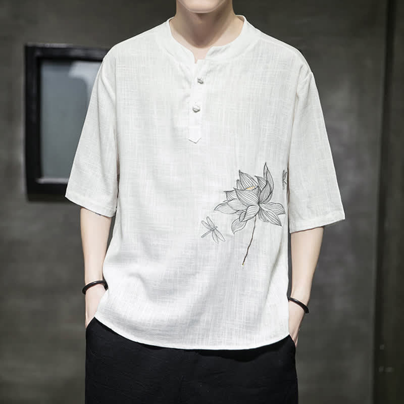 Buddha Stones Sommerliches Kurzarm-T-Shirt für Herren mit besticktem Lotus-Libellenmuster und chinesischen Froschknöpfen - image 12