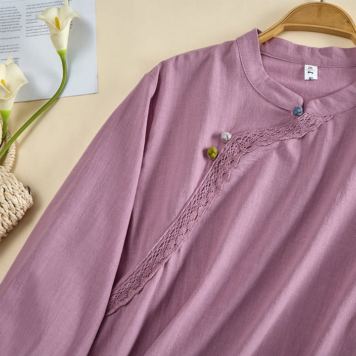 Buddha Stones Einfarbiges, langärmeliges Damen-Baumwollhemd mit Rundhalsausschnitt, Froschknopfleiste und Knöpfen - image 11