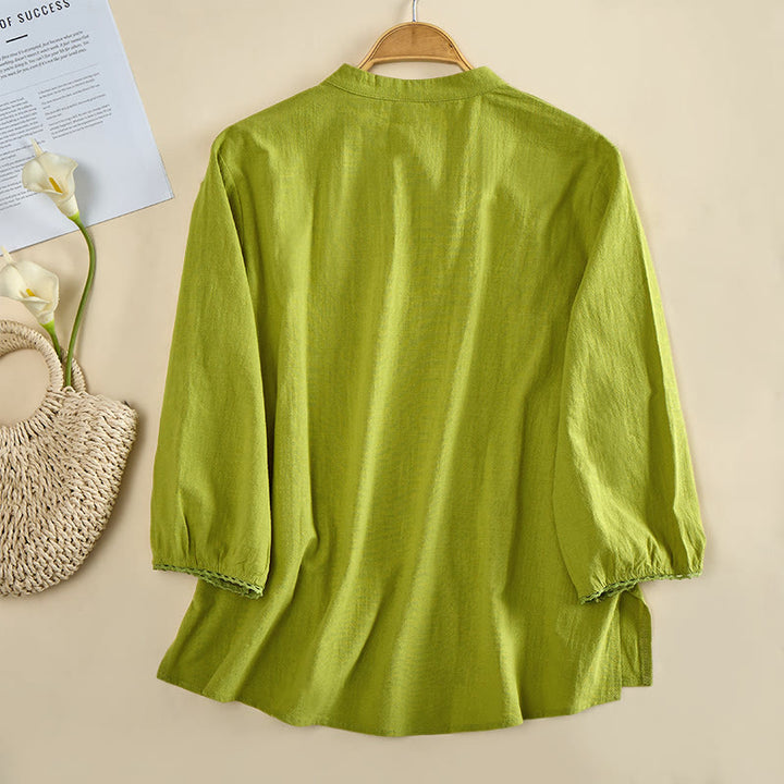 Buddha Stones Einfarbiges, langärmeliges Damen-Baumwollhemd mit Rundhalsausschnitt, Froschknopfleiste und Knöpfen - image 1