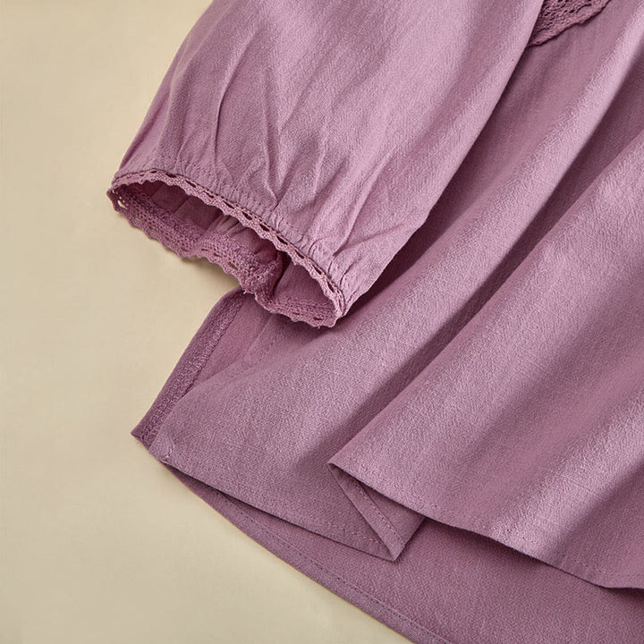 Buddha Stones Einfarbiges, langärmeliges Damen-Baumwollhemd mit Rundhalsausschnitt, Froschknopfleiste und Knöpfen - image 14