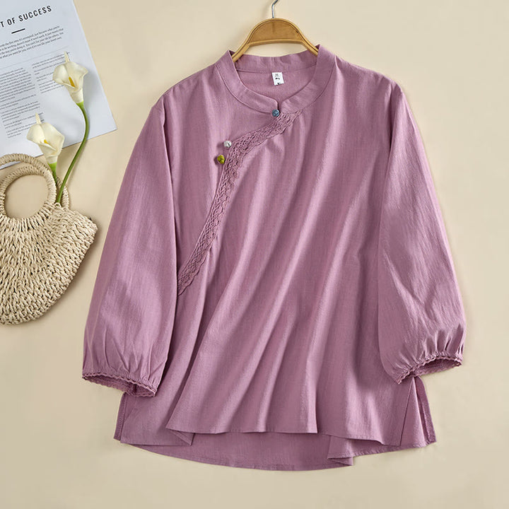 Buddha Stones Einfarbiges, langärmeliges Damen-Baumwollhemd mit Rundhalsausschnitt, Froschknopfleiste und Knöpfen - Orchidee - US 8-10, UK/AU 12-14, EU 40-42 (2XL) - image 7