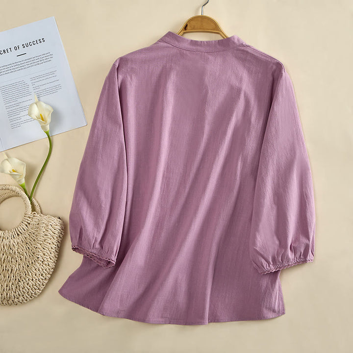 Buddha Stones Einfarbiges, langärmeliges Damen-Baumwollhemd mit Rundhalsausschnitt, Froschknopfleiste und Knöpfen - image 9