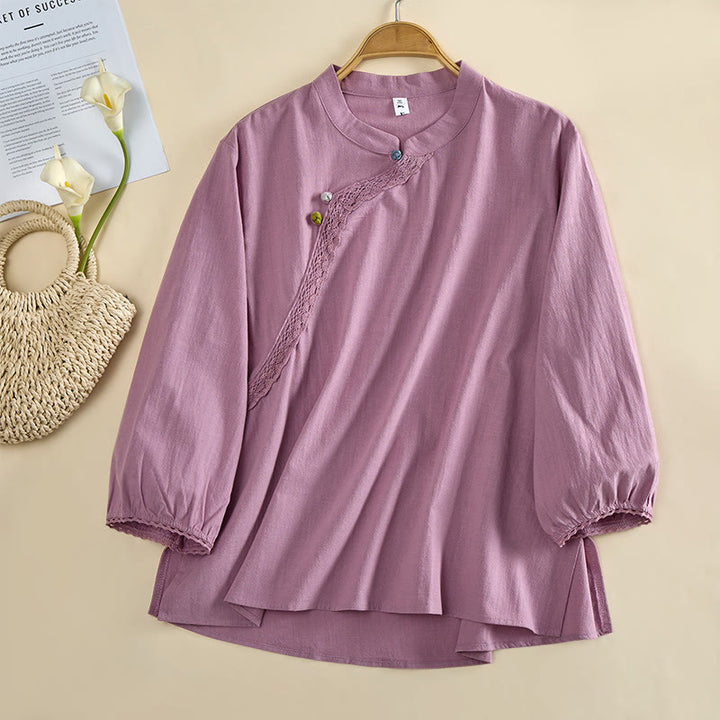 Buddha Stones Einfarbiges, langärmeliges Damen-Baumwollhemd mit Rundhalsausschnitt, Froschknopfleiste und Knöpfen - image 8