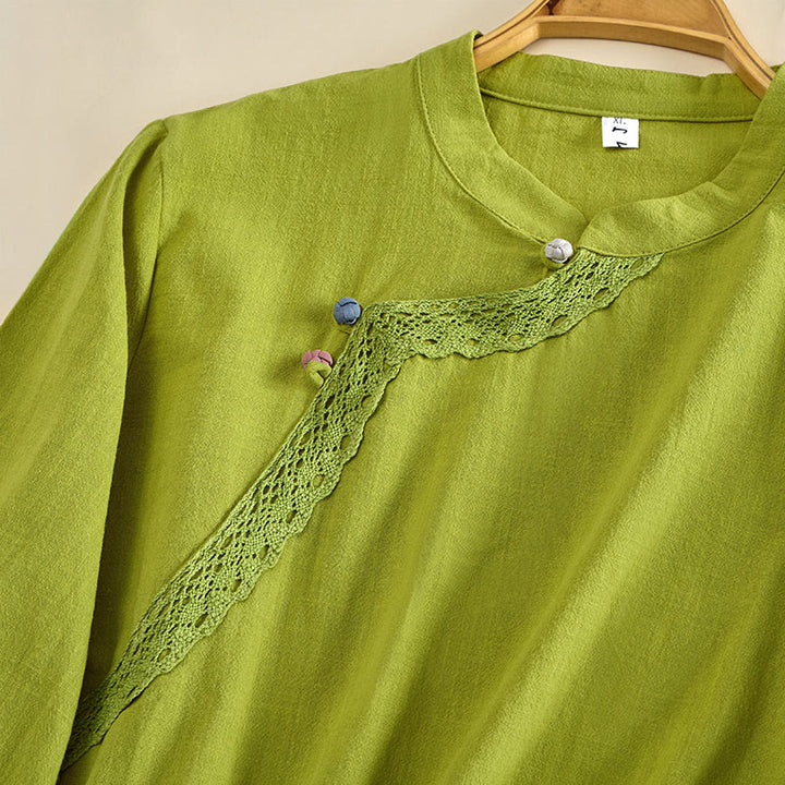 Buddha Stones Einfarbiges, langärmeliges Damen-Baumwollhemd mit Rundhalsausschnitt, Froschknopfleiste und Knöpfen - image 3