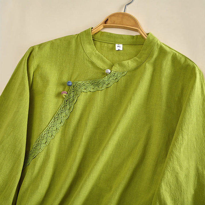 Buddha Stones Einfarbiges, langärmeliges Damen-Baumwollhemd mit Rundhalsausschnitt, Froschknopfleiste und Knöpfen - image 2