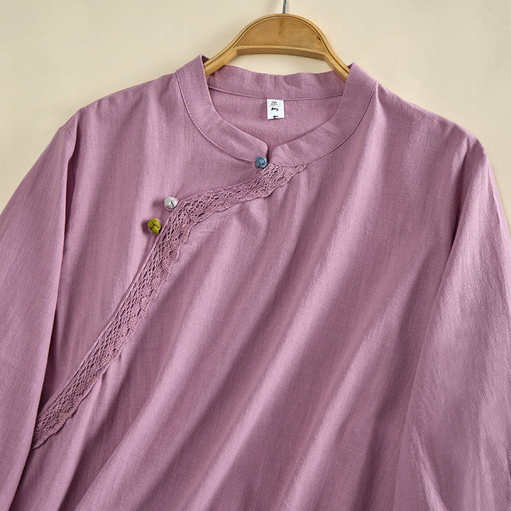 Buddha Stones Einfarbiges, langärmeliges Damen-Baumwollhemd mit Rundhalsausschnitt, Froschknopfleiste und Knöpfen - image 10