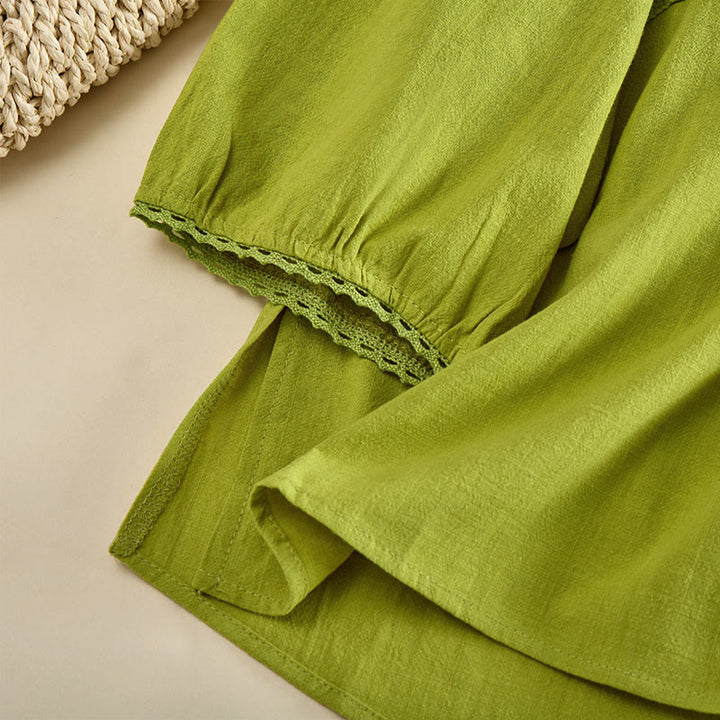 Buddha Stones Einfarbiges, langärmeliges Damen-Baumwollhemd mit Rundhalsausschnitt, Froschknopfleiste und Knöpfen - image 4