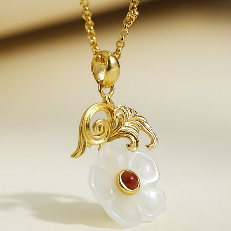 Buddha Stones Hetian Jade Blume 925 Sterling Silber Glückskette Anhänger - image 1