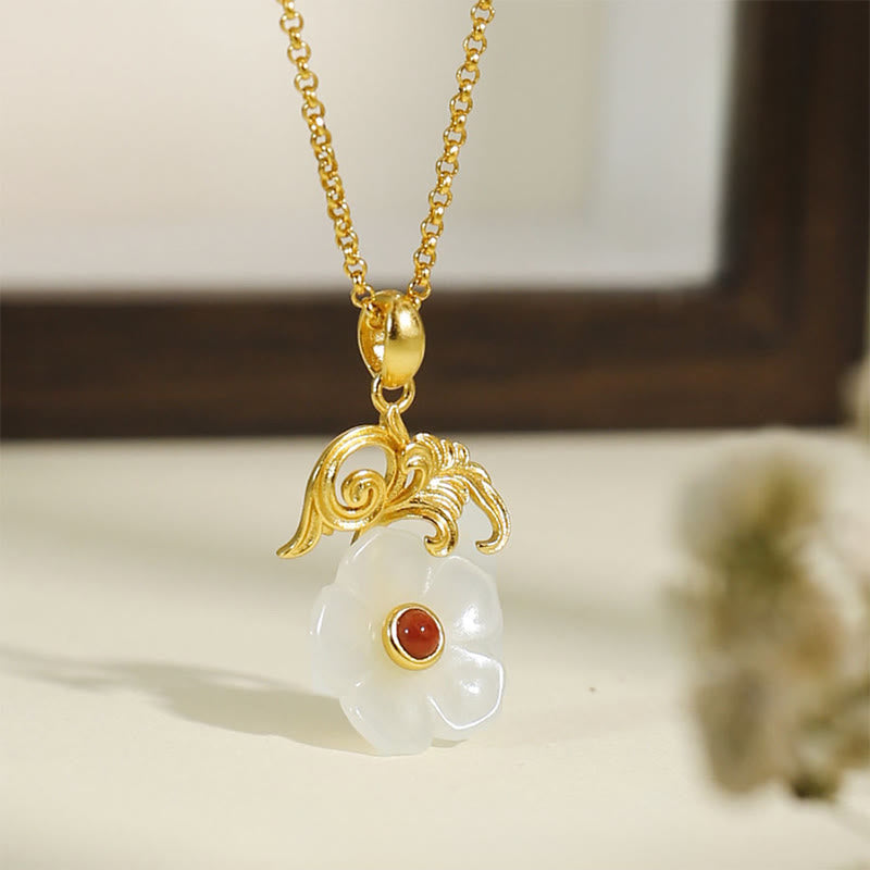 Buddha Stones Hetian Jade Blume 925 Sterling Silber Glückskette Anhänger - Hetian Jade 925 Sterling Silber - image 0