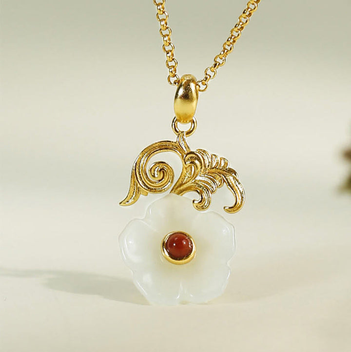Buddha Stones Hetian Jade Blume 925 Sterling Silber Glückskette Anhänger - image 3