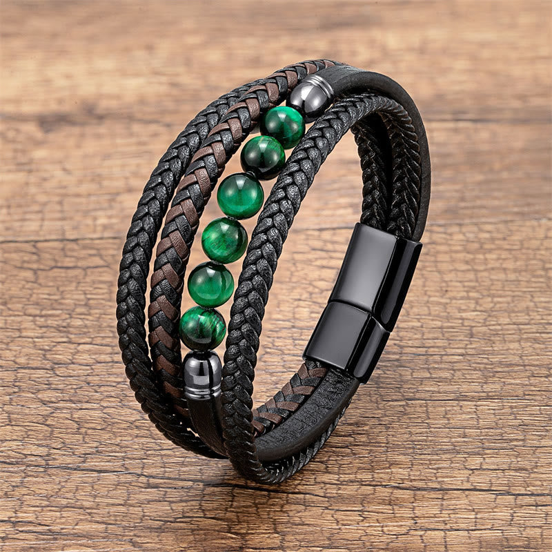 Buddha Stones ​​Tigerauge Lavastein Schwarzer Onyx Lazurit Lapislazuli Hämatitperle Positives Lederarmband - Grünes Tigerauge - 18-22 cm - image 0
